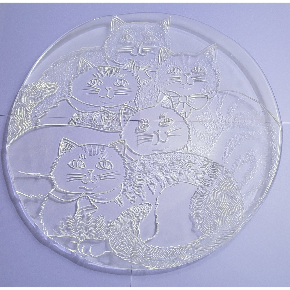 Unbranded Cat Serving Platter Unisex 13in Clear Excellent Embossed Glass Tray